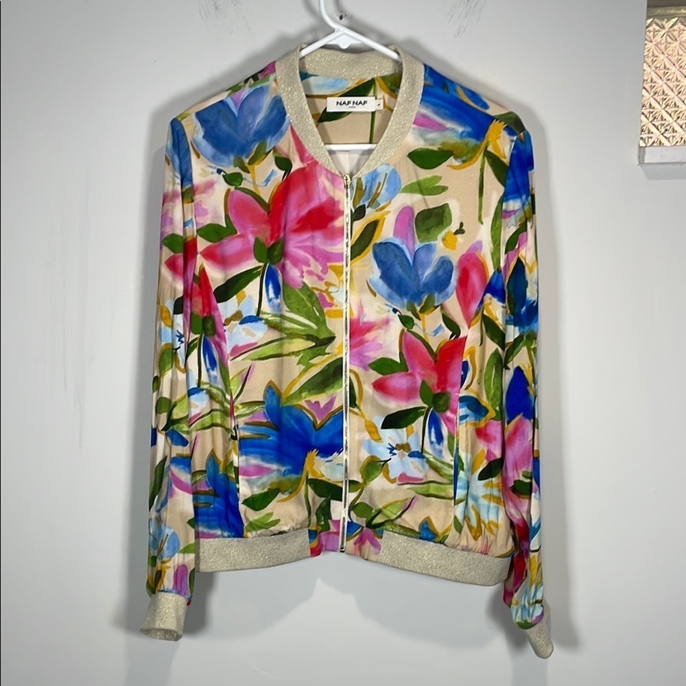 NAF NAF Paris Floral Watercolor Bomber Jacket Gold Lurex Zip Size L - Picture 2 of 14